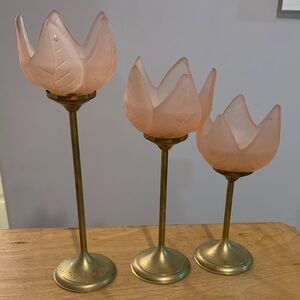 Vintage Elegant Pink Glass Tulip Candle Holders